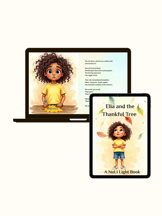 Digital children’s gratitude book on laptop + tablet Elia and the Thankful Tree teaches mindfulness for kids, resilience, ages 5–12; instant download