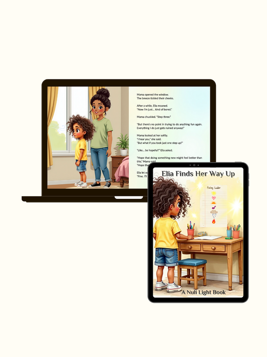 Digital storybook on laptop +tablet teaching kids to move from upset to calm; resilience + mindfulness for ages 5–12.