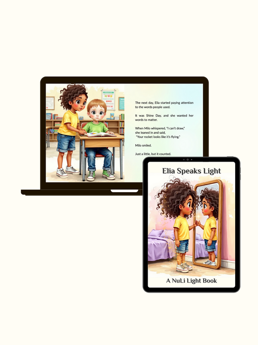 Digital affirmations book on laptop + tablet; positive self-talk, kindness, confidence — mindfulness for kids 5–12.