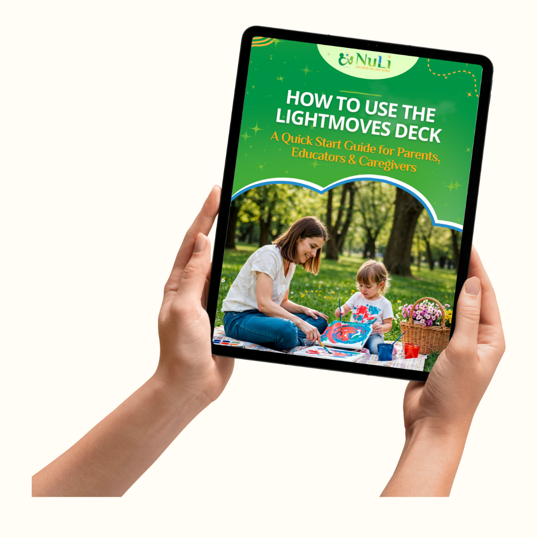 NuLi LightMoves Quick Start Grown-Up Guide on tablet. Practical tips for parents, teachers, and caregivers to use the 40 mindfulness cards.