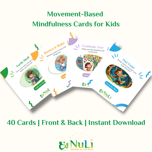 Printable LightMoves mindfulness card deck for kids ages 5–12. Includes 40 digital cards with movement prompts and grown-up guide.