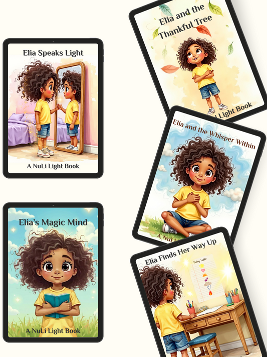 Illustrated covers of 5 NuLi digital storybooks for mindful kids, teaching gratitude, mindfulness, affirmations, emotions, and inner wisdom.