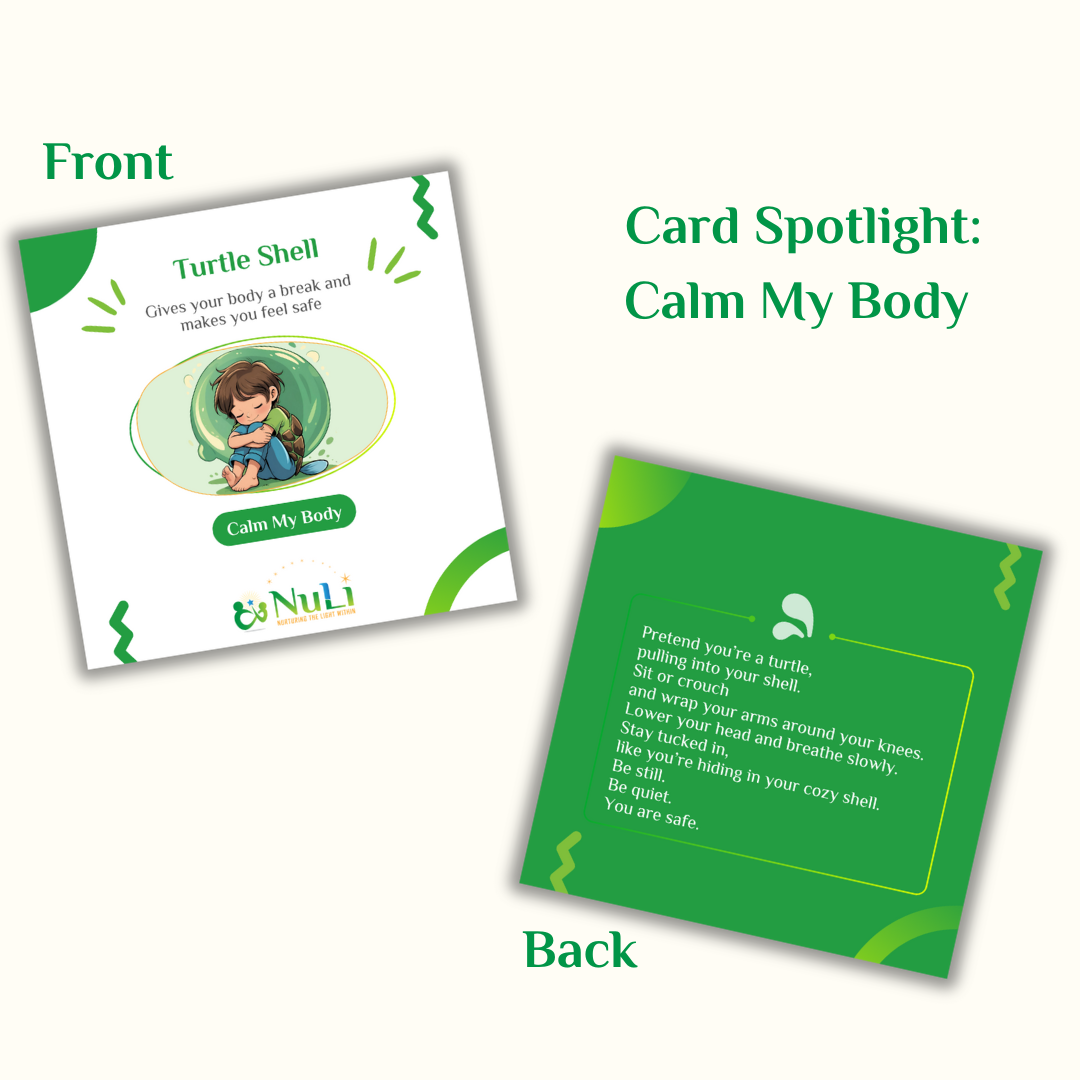 LightMoves Calm My Body mindfulness card. Playful activity with script to help kids relax, breathe, and regulate emotions.