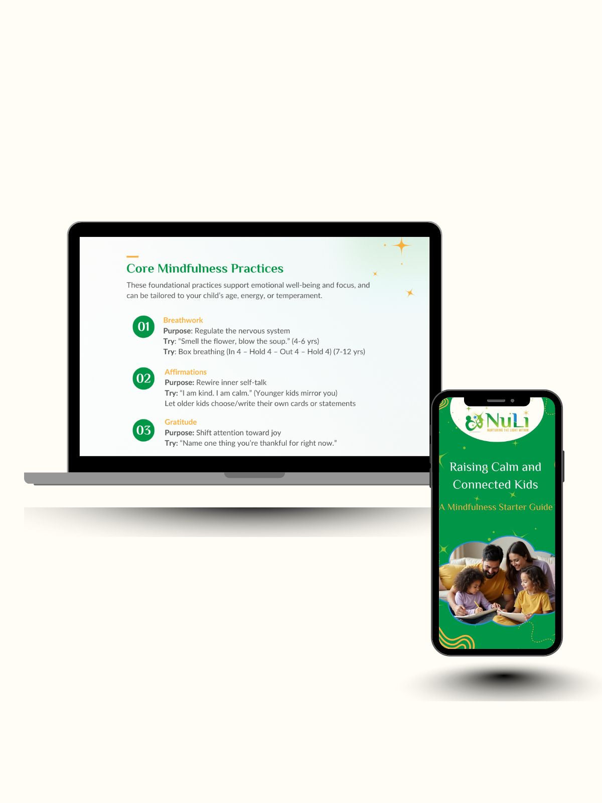 Mindfulness Starter Guide for Parents shown on laptop and phone. Digital resource for mindful parenting, stress reduction, and emotional support for kids.