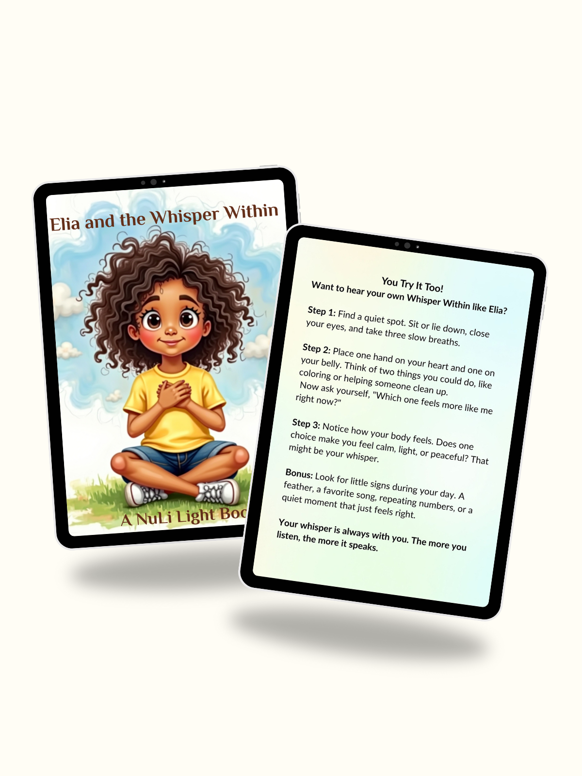 Storybook with activity page for practicing intuition and reflective questions; confidence + mindfulness for kids.