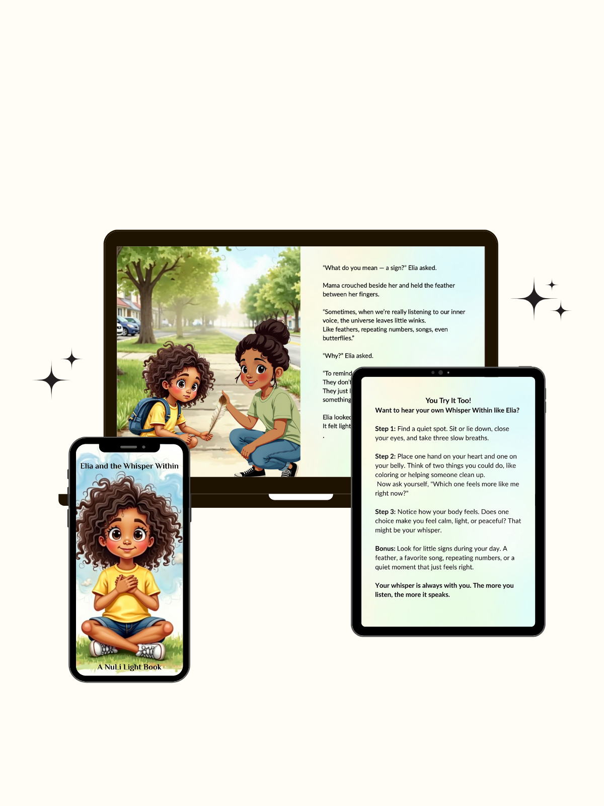 Elia and the Whisper Within on phone, tablet, laptop — digital kids book on intuition, confidence, emotional awareness. 