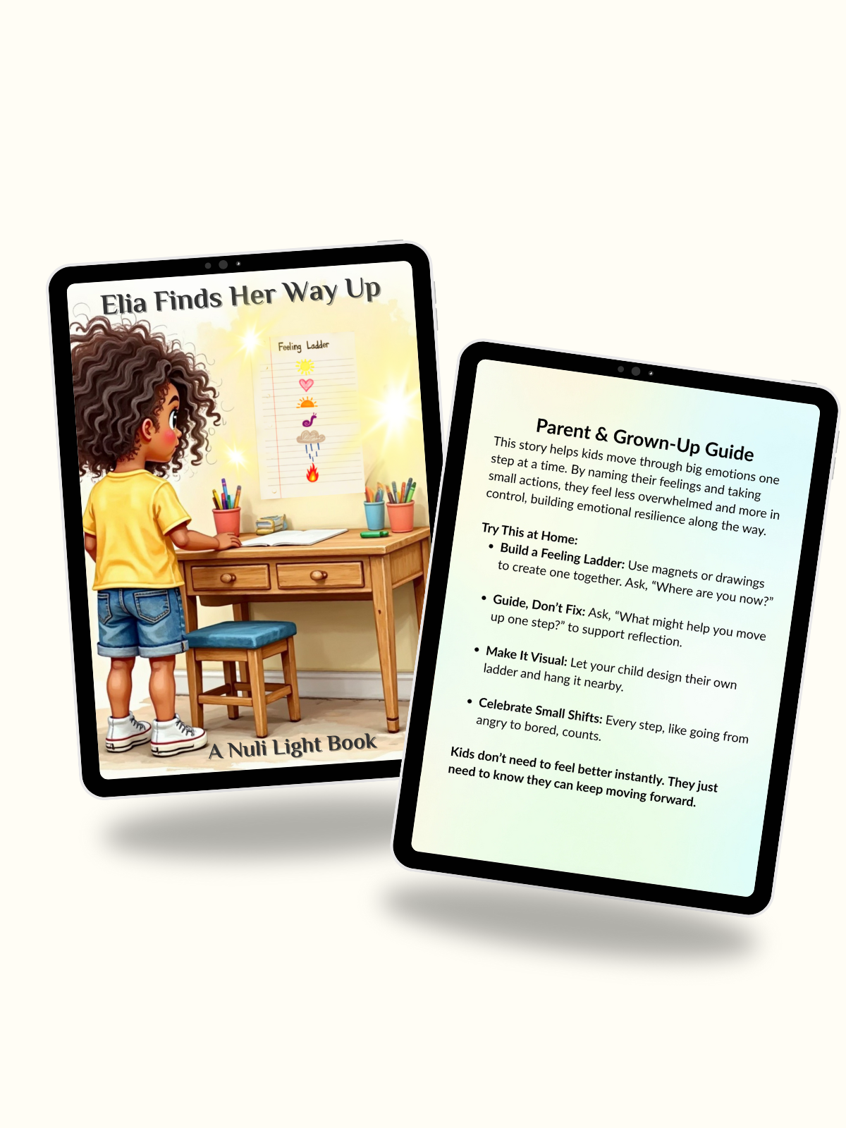 Elia Finds Her Way Up storybook with parent guide included to help families support children’s emotional awareness and resilience shown on tablets.
