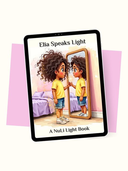 “Elia Speaks Light” children’s affirmations storybook cover — positive self-talk for kids, confidence building, ages 5–12.