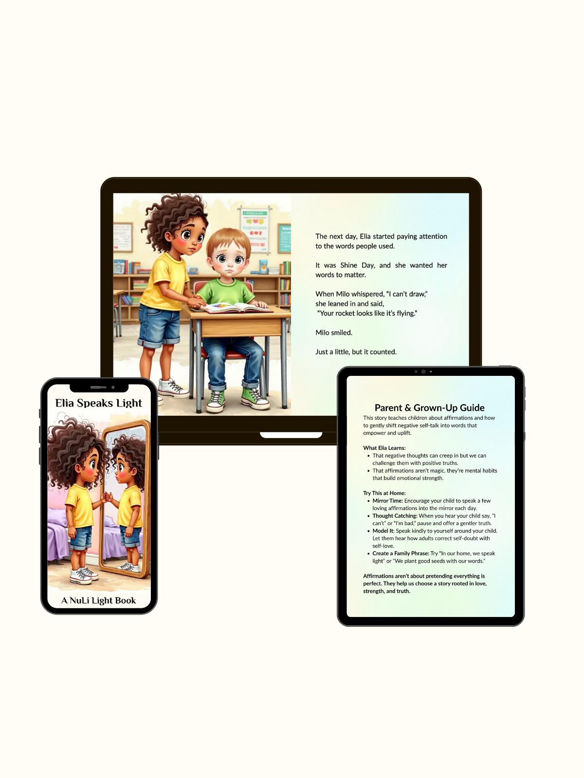 Digital children’s storybook “Elia Speaks Light” shown on phone, tablet, and laptop. Teaches kids about the power of words and affirmations.