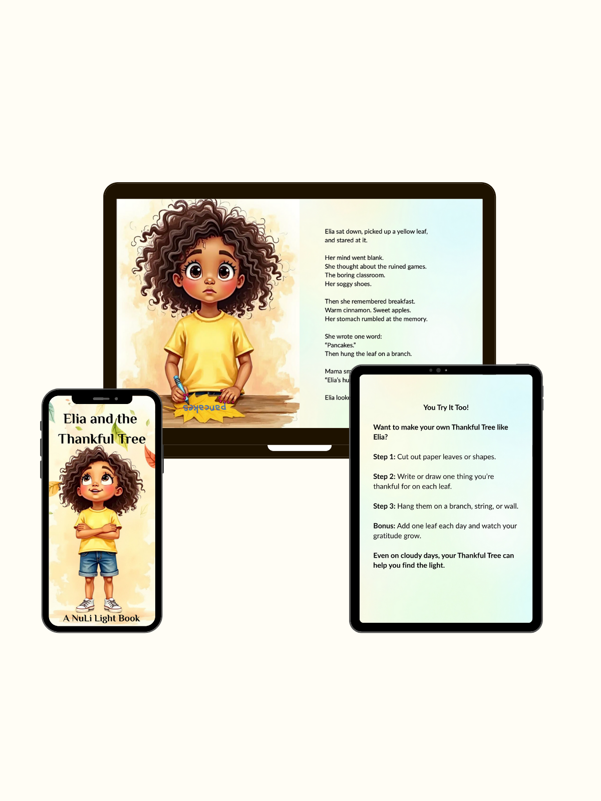 Elia and the Thankful Tree on phone, tablet, laptop — digital kids gratitude storybook; mindfulness for kids 5–12; instant download.