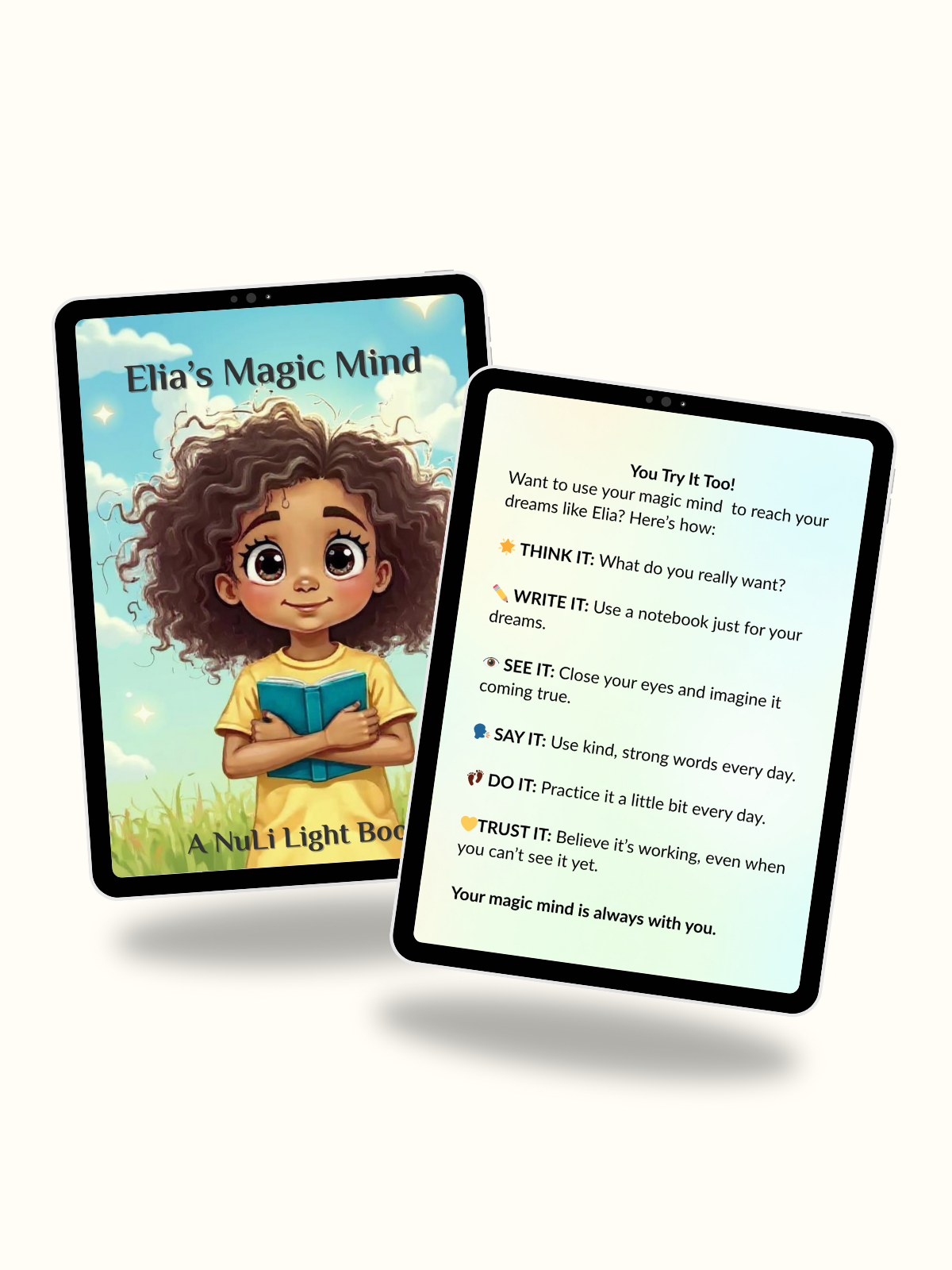 Storybook with activity page to practice visualization, affirmations, and simple goal-setting at home