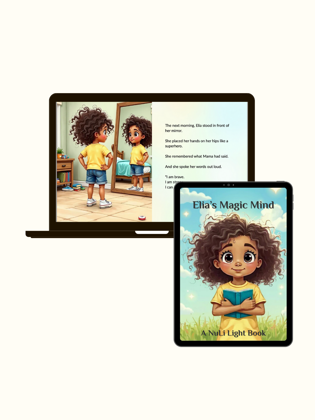 Digital visualization storybook on laptop + tablet; helps kids imagine goals, use affirmations, build confidence.
