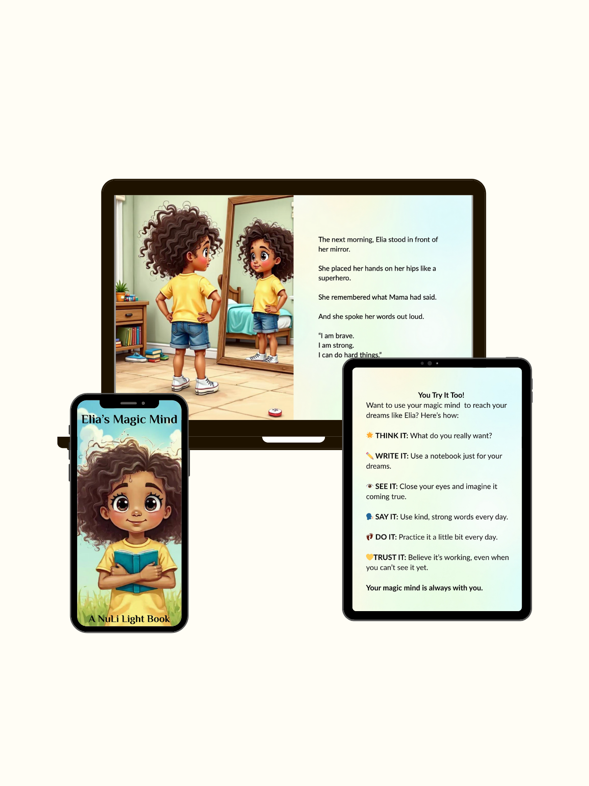 Digital children’s storybook “Elia’s Magic Mind” shown on phone, tablet, and laptop. Helps kids visualize confidence and believe in themselves.