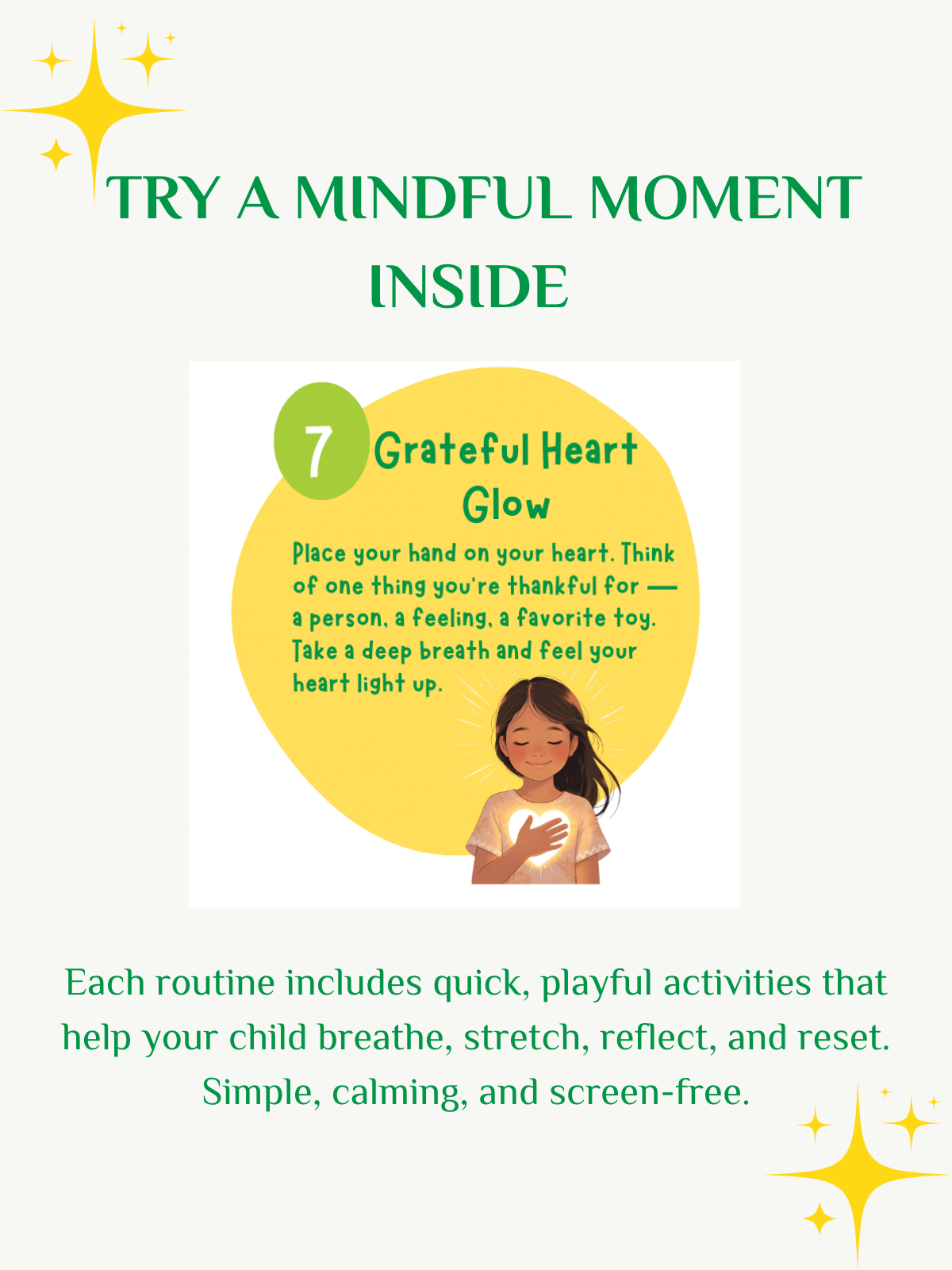 Grateful Heart Glow activity from 7 Quick Mindful Activities for Kids. Free printable PDF teaching gratitude, calm reflection, and mindfulness for children.
