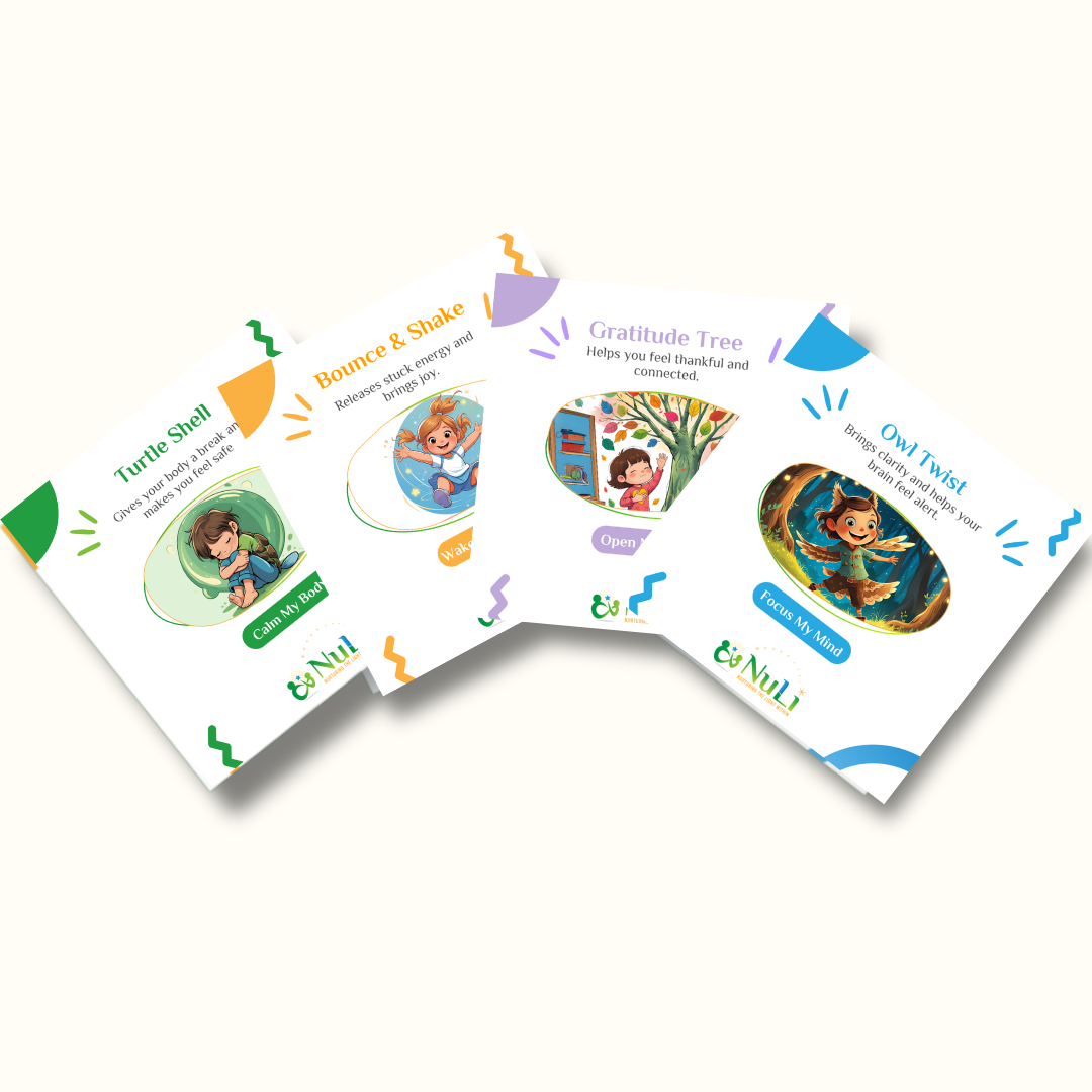 NuLi LightMoves Deck showing 40 printable mindfulness cards for kids. Tools for calm, focus, energy, and emotional balance.