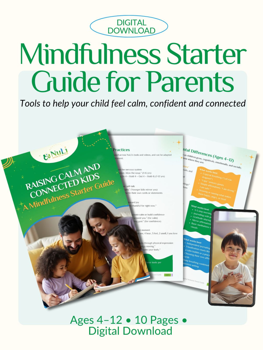  NuLi Mindfulness Starter Guide for Parents, digital download with cover and inner pages. Calm parenting strategies to help children manage emotions