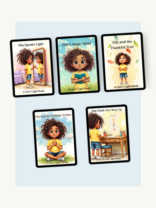 NuLi Light Book Collection featuring 5 digital storybooks for kids ages 5–12. Illustrated covers teach gratitude, emotions, affirmations, and intuition.